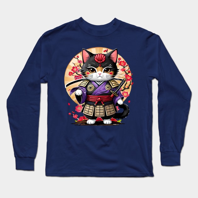 Japanese Samurai Cat Tattoo, Kawaii Ninja Cat Long Sleeve T-Shirt by TaevasDesign